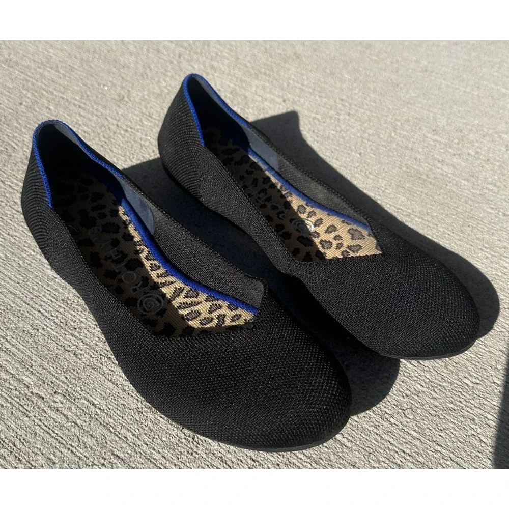 Rothy's The Daily Flat Black Blue Halo Leopard Insole Round Toe V-Cut Flats 9